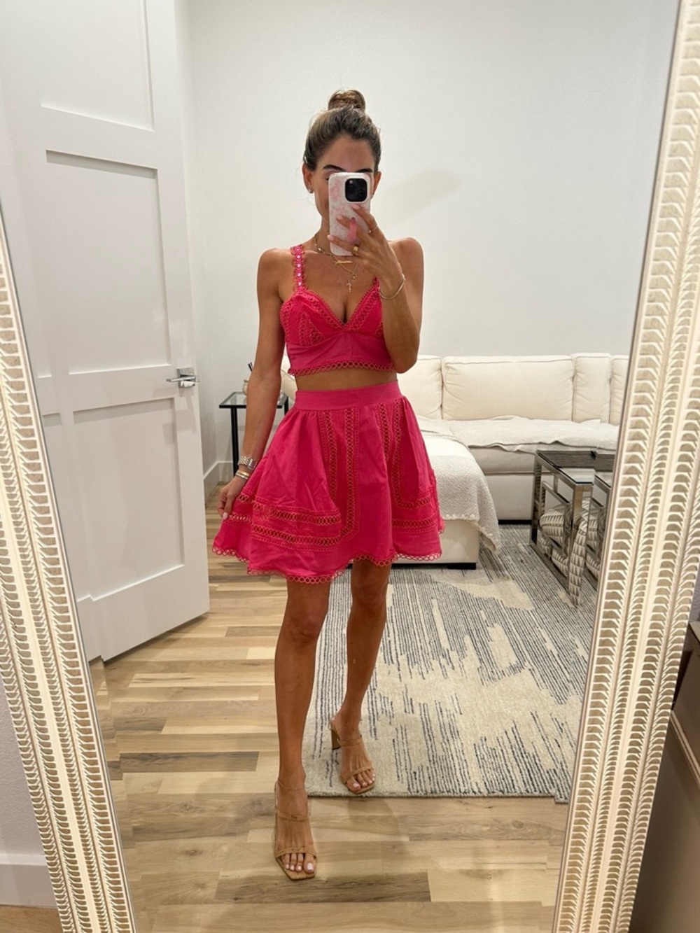 Hot Pink Eyelet A-Line Skirt matching set with cropped top